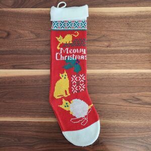 Vintage Meowy Christmas Knit Stocking Cat Lady Cottage Red White Retro